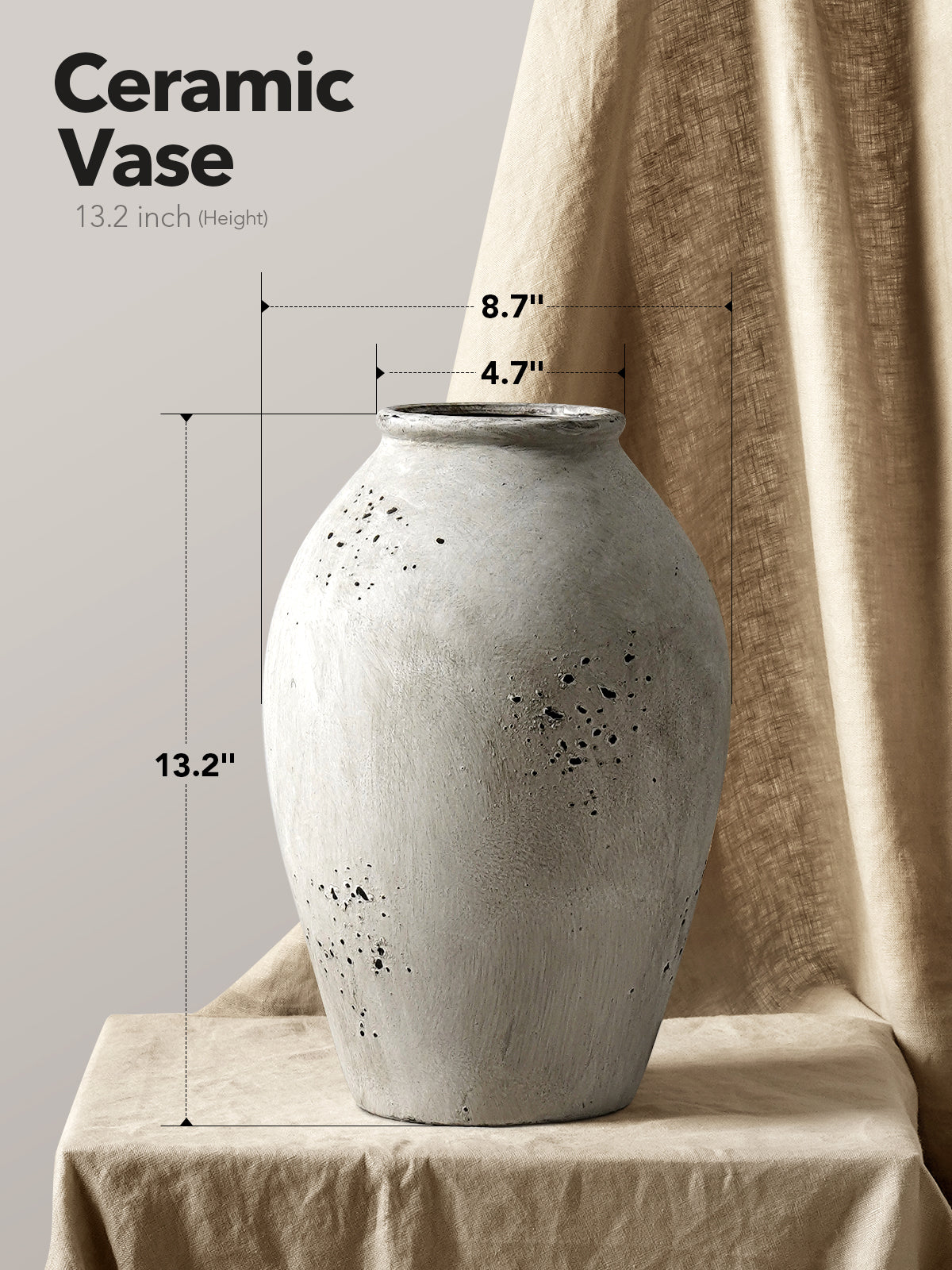 13.2" Tall Ceramic Vase, Large Rustic Farmhouse Flower Vase for Living Room, Console Table & Centerpiece Decor, Speckled Gray Floor Vase