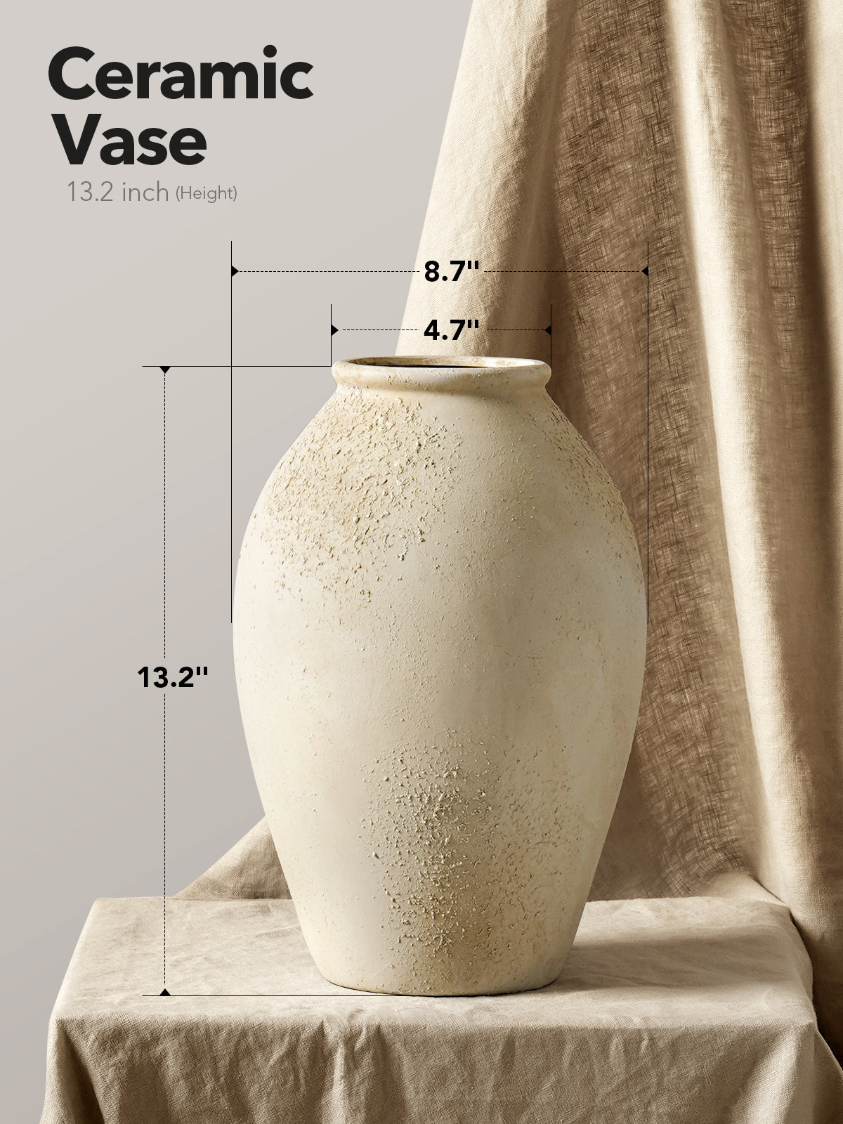 13.2 Inch Ceramic Vase, Tall Decorative Vase for Home Decor, Rustic Cream Beige Flower Vase for Living Room, Entryway, Mantel and Tabletop Decor