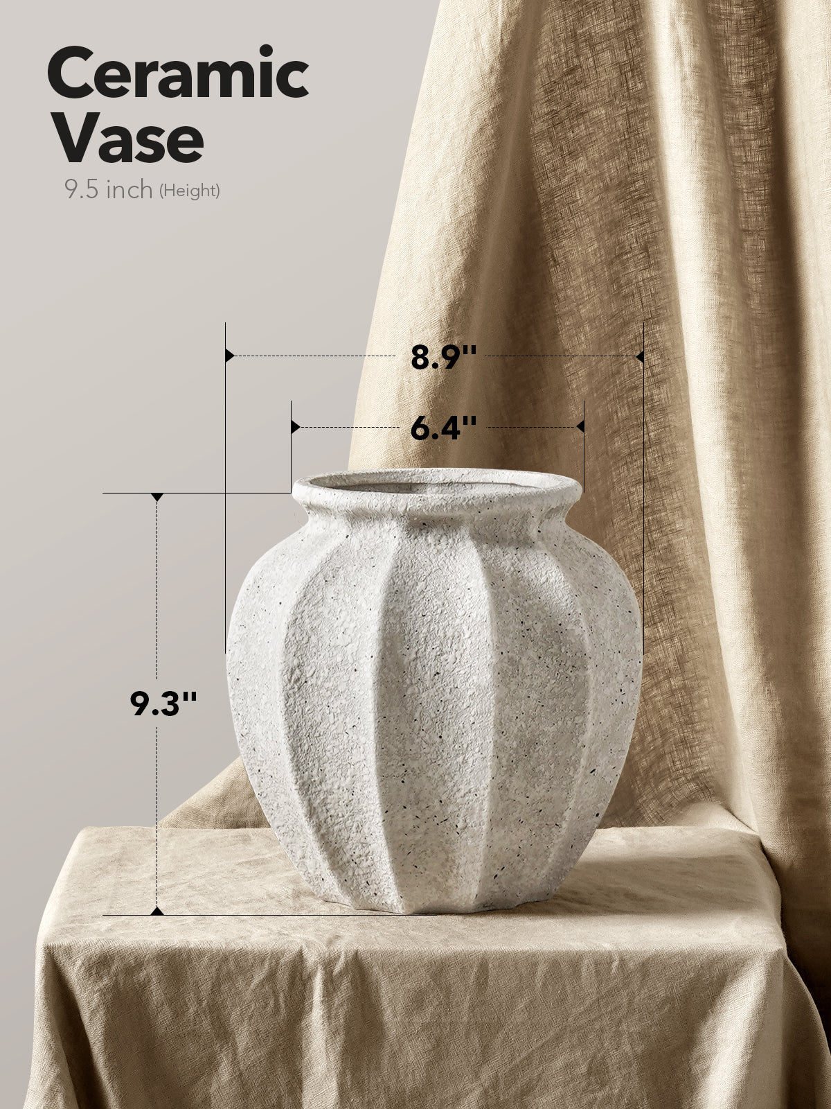 Ceramic Vase 9.5 Inch, Textured Stoneware Decorative Vase for Table & Shelf, Neutral Modern Home Decor