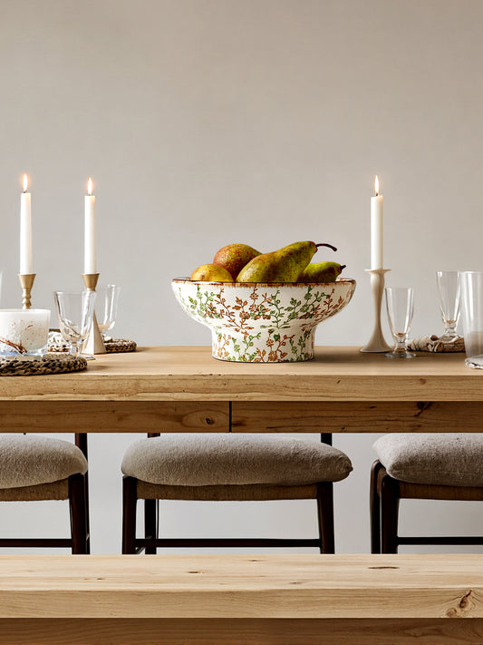 10” Vintage Floral Ceramic Decorative Bowl, Footed Centerpiece Bowl for Dining Table, Coffee Table & Home Decor Accents