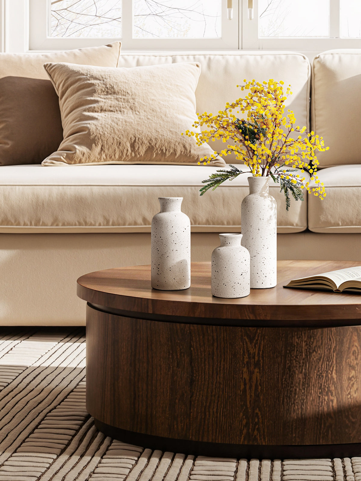 Set of 3 Speckled White Ceramic Vases for Modern Home Decor, Rustic Farmhouse Table Centerpiece and Living Room