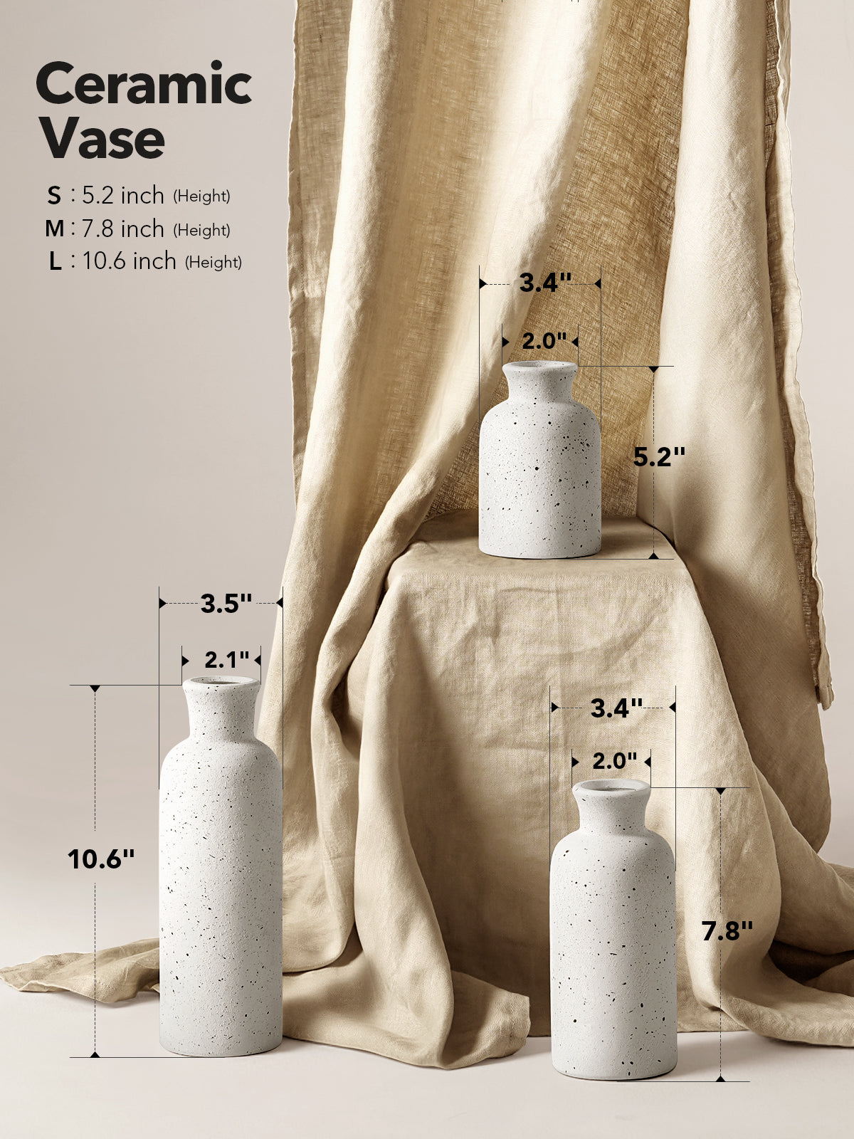 Set of 3 Speckled White Ceramic Vases for Modern Home Decor, Rustic Farmhouse Table Centerpiece and Living Room