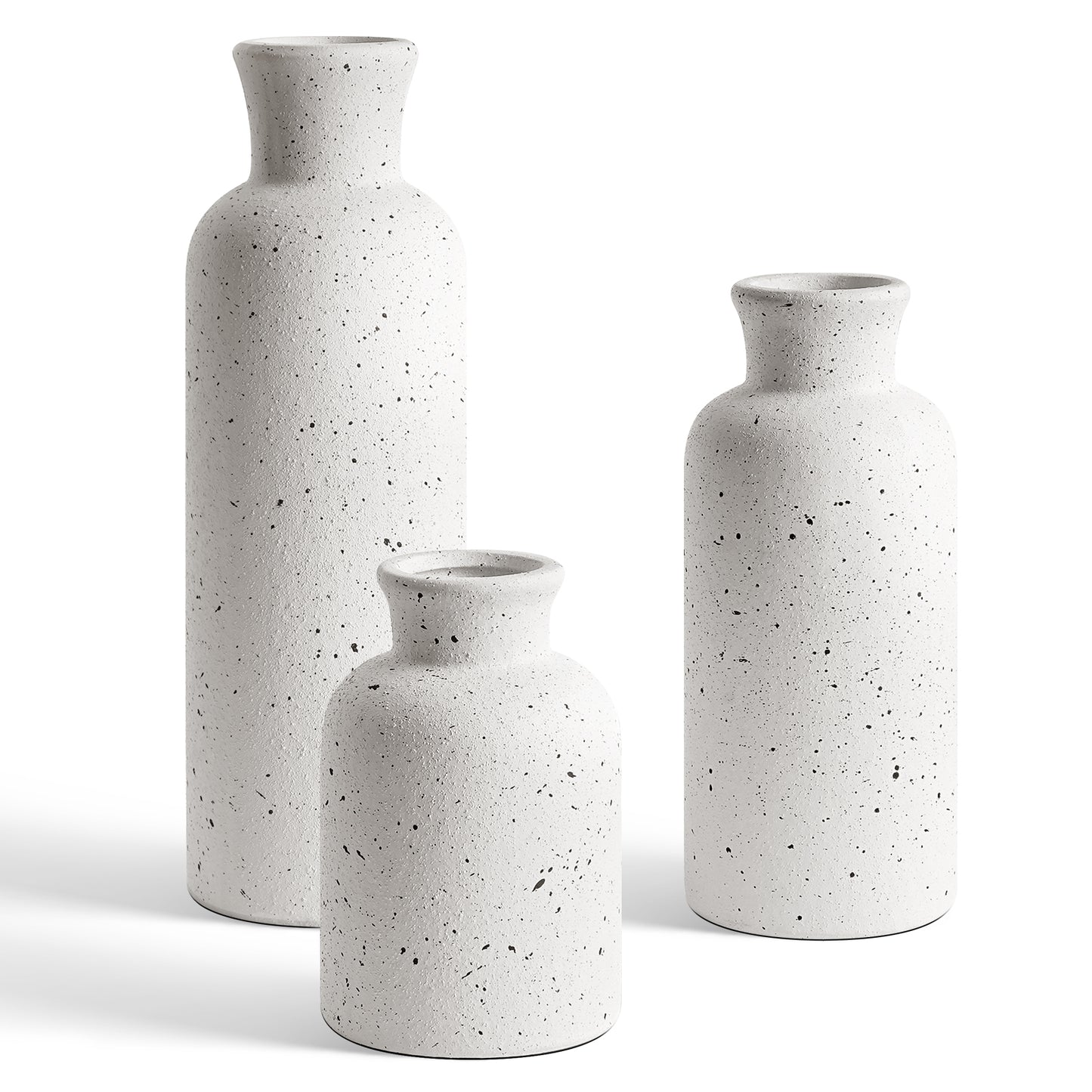 Set of 3 Speckled White Ceramic Vases for Modern Home Decor, Rustic Farmhouse Table Centerpiece and Living Room