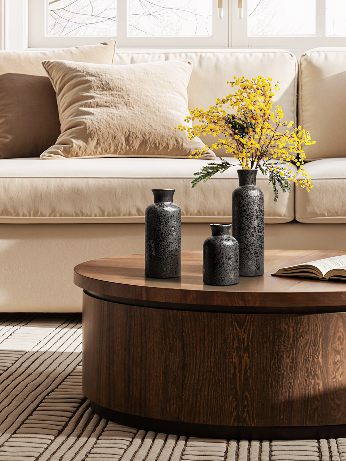 Ceramic Vase Set of 3, Black Decorative Vases for Home Decor, Rustic Modern Bottle Vase Set for Living Room, Bedroom, Dining Table, Shelf, Mantel & Entryway