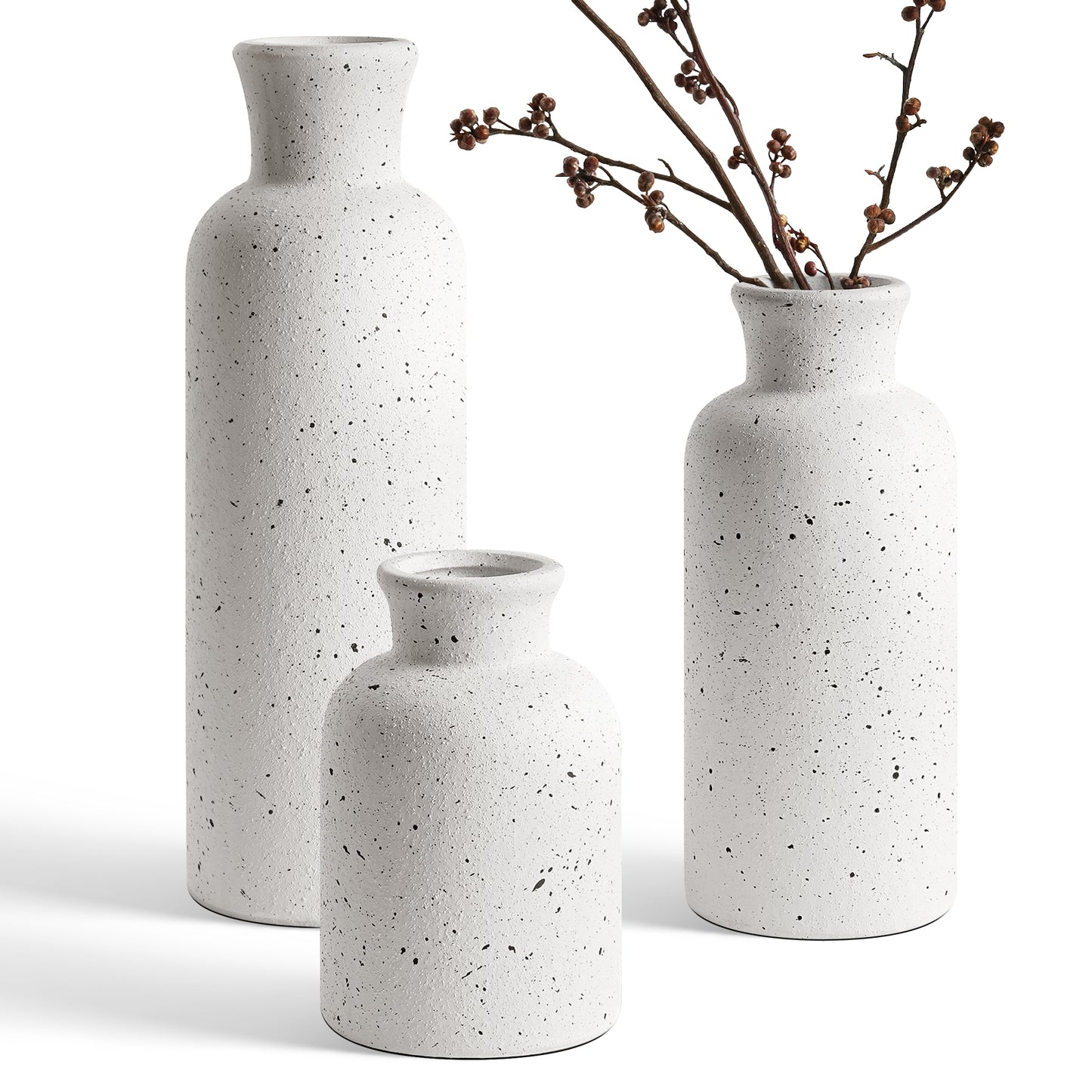Set of 3 Speckled White Ceramic Vases for Modern Home Decor, Rustic Farmhouse Table Centerpiece and Living Room