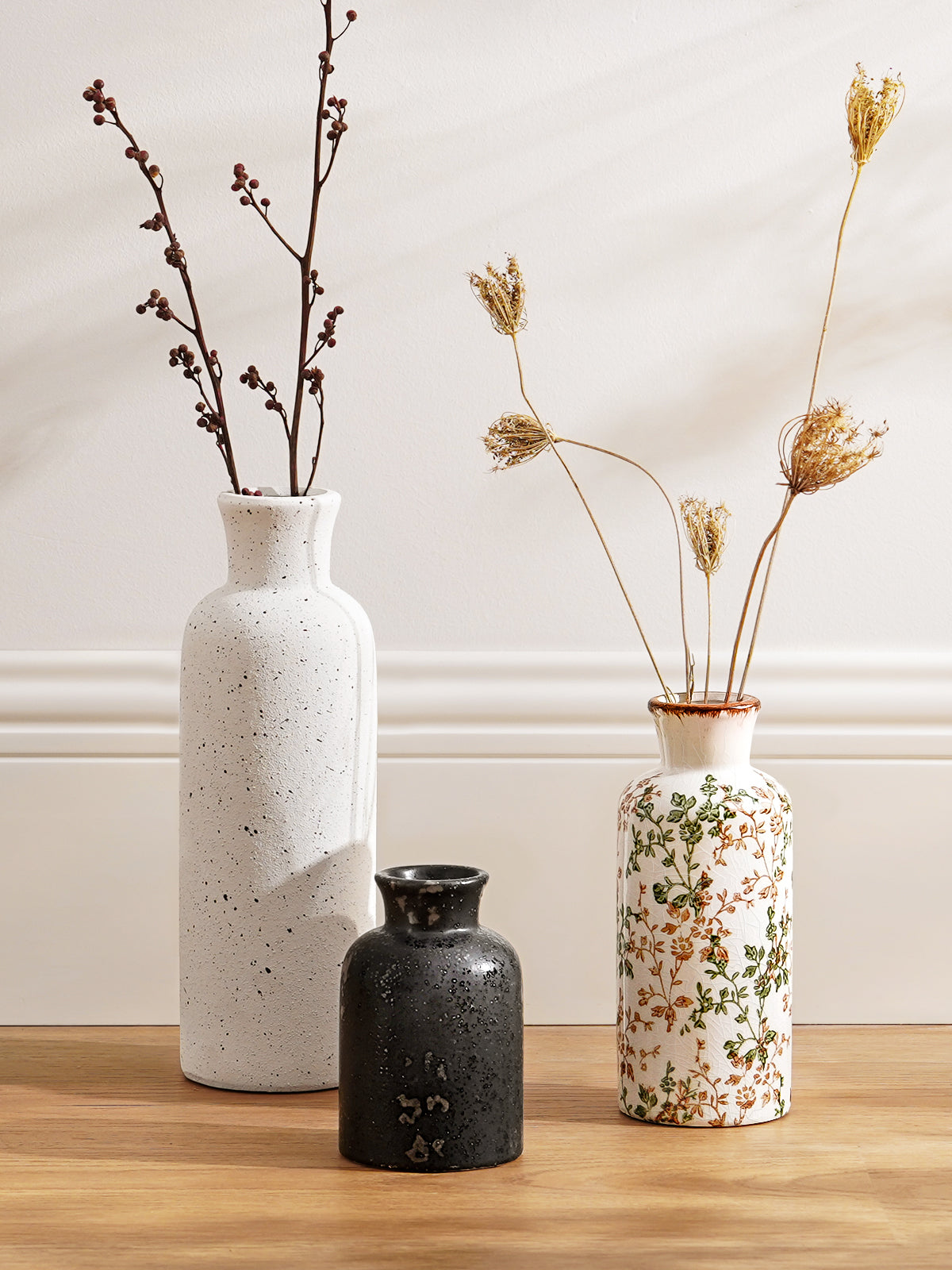 Set of 3 Speckled White Ceramic Vases for Modern Home Decor, Rustic Farmhouse Table Centerpiece and Living Room