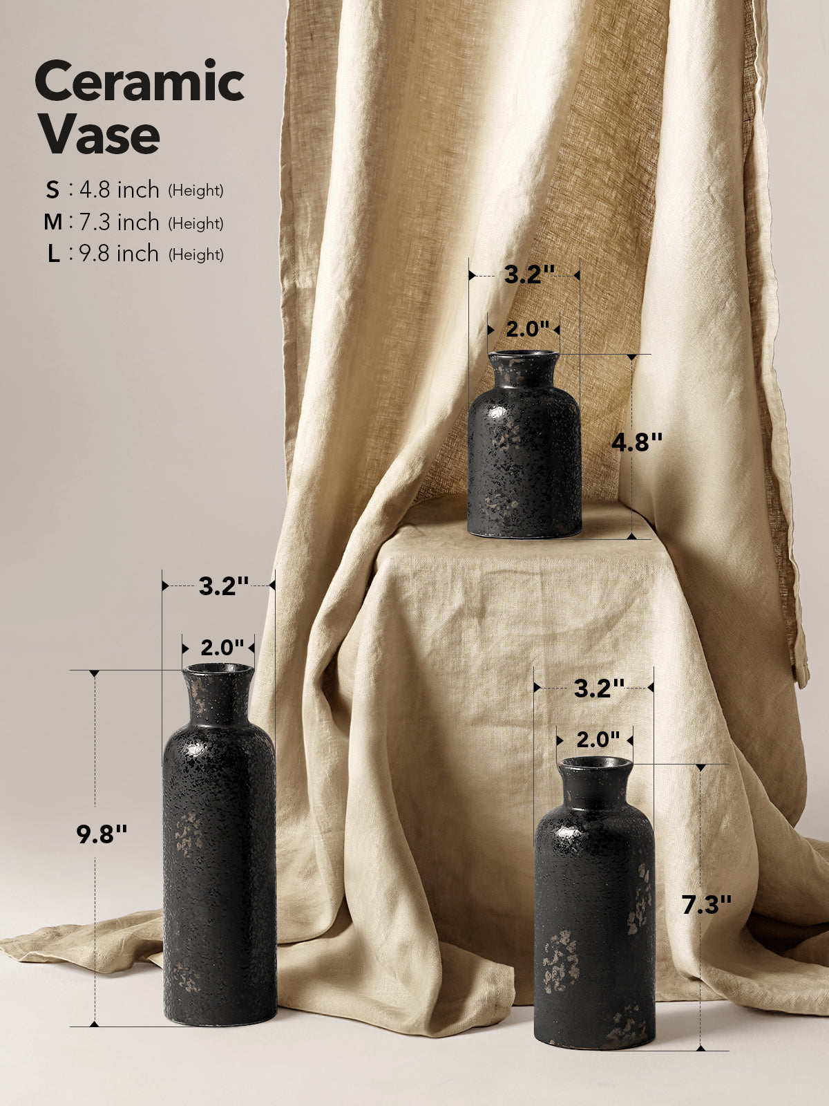 Ceramic Vase Set of 3, Black Decorative Vases for Home Decor, Rustic Modern Bottle Vase Set for Living Room, Bedroom, Dining Table, Shelf, Mantel & Entryway