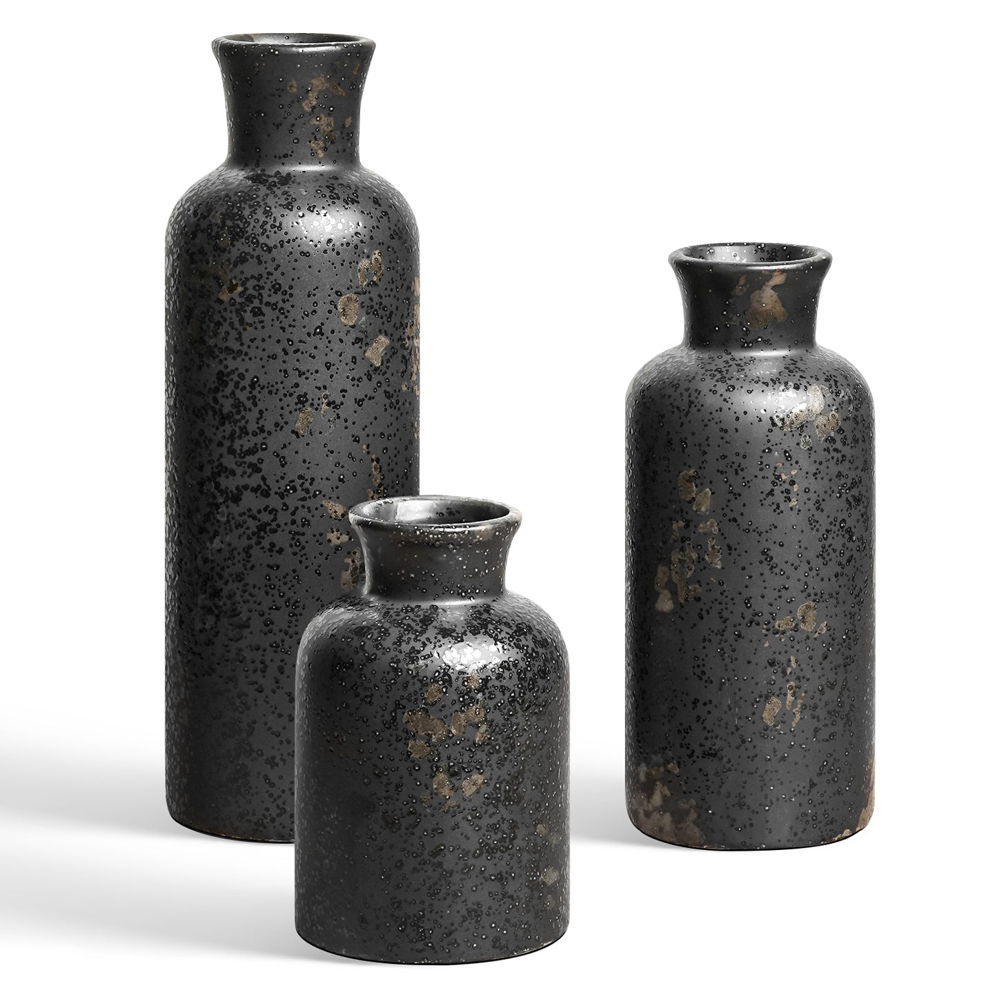 Ceramic Vase Set of 3, Black Decorative Vases for Home Decor, Rustic Modern Bottle Vase Set for Living Room, Bedroom, Dining Table, Shelf, Mantel & Entryway