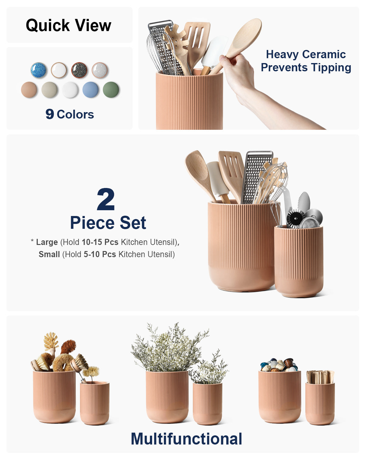 2-Pack Kitchen Utensil Holders, 7.3"+5.4" Ceramic Crocks for Kitchen, Cooking Organizer & Plant Pots, Terracotta Pink Utensil Holder