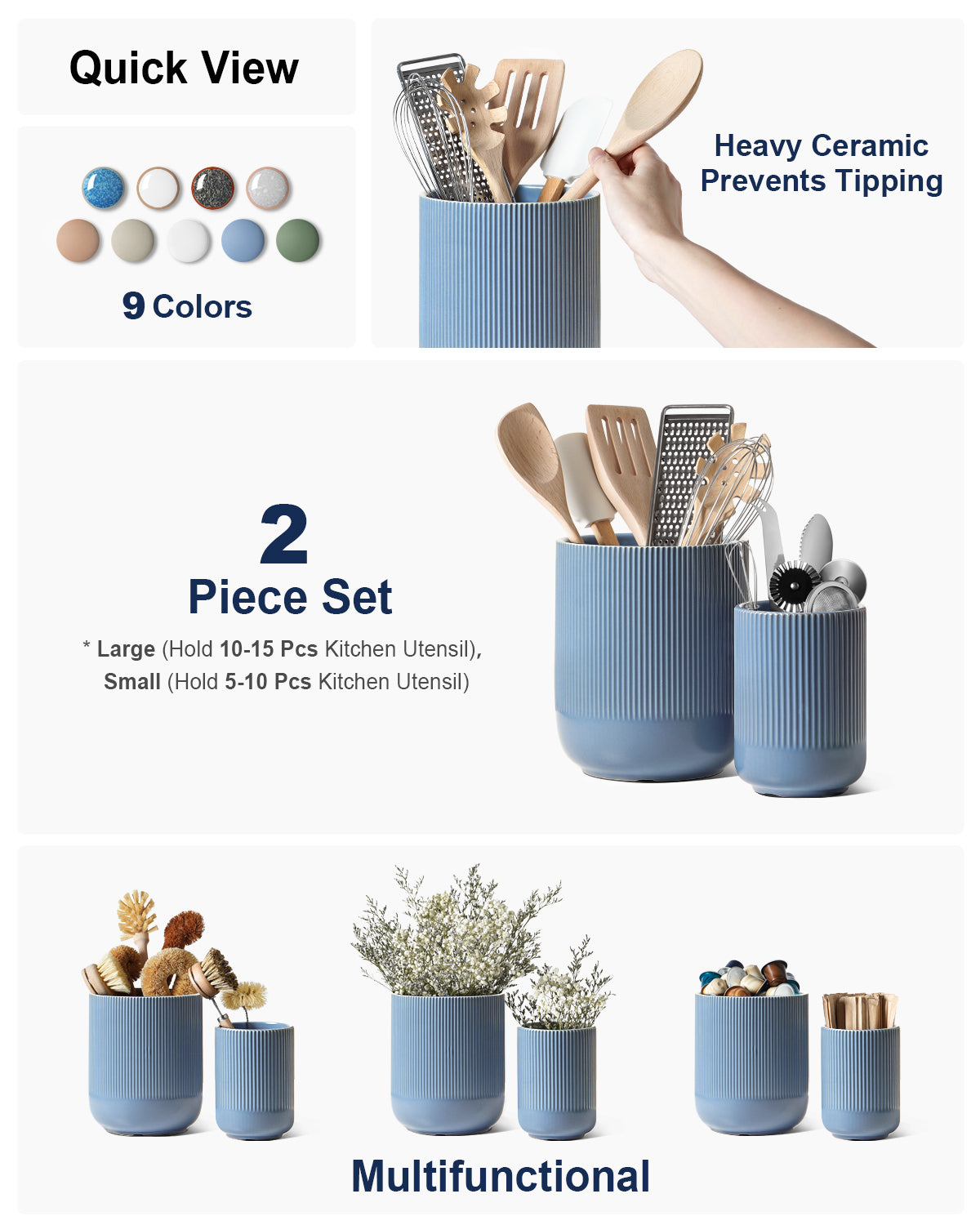 Utensil Holder Set of 2, 7.3"+5.4" Ceramic Crocks for Kitchen Storage, Dusty Blue Kitchen Utensil Holders