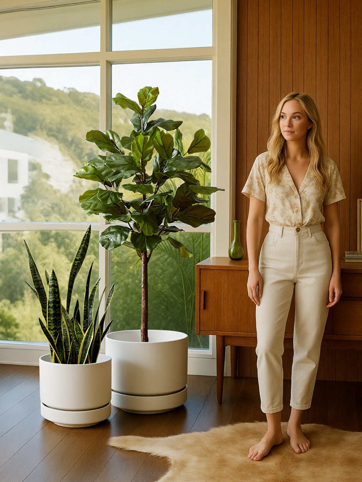 BEMAY 14" White Ceramic Plant Pot with Drainage & Saucer, Large Indoor Plant Pot for Floor Plants, Modern Minimalist Planter Pot