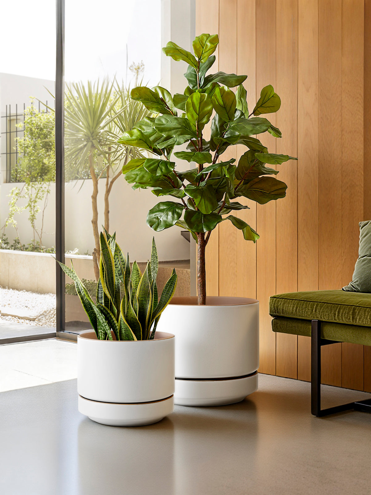BEMAY 12" Ceramic Plant Pot with Drainage Hole & Saucer, Large Indoor Planter, Two-Tone Modern Flower Pot for Living Room & Entryway,Alpine White & Ochre Pot for Plant