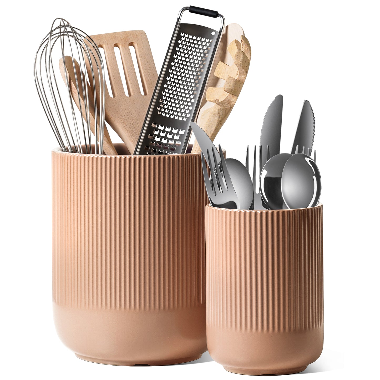 2-Pack Kitchen Utensil Holders, 7.3"+5.4" Ceramic Crocks for Kitchen, Cooking Organizer & Plant Pots, Terracotta Pink Utensil Holder