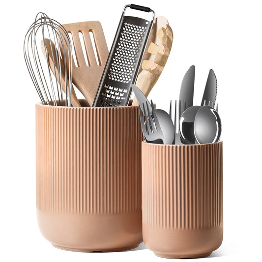 2-Pack Kitchen Utensil Holders, 7.3"+5.4" Ceramic Crocks for Kitchen, Cooking Organizer & Plant Pots, Terracotta Pink Utensil Holder