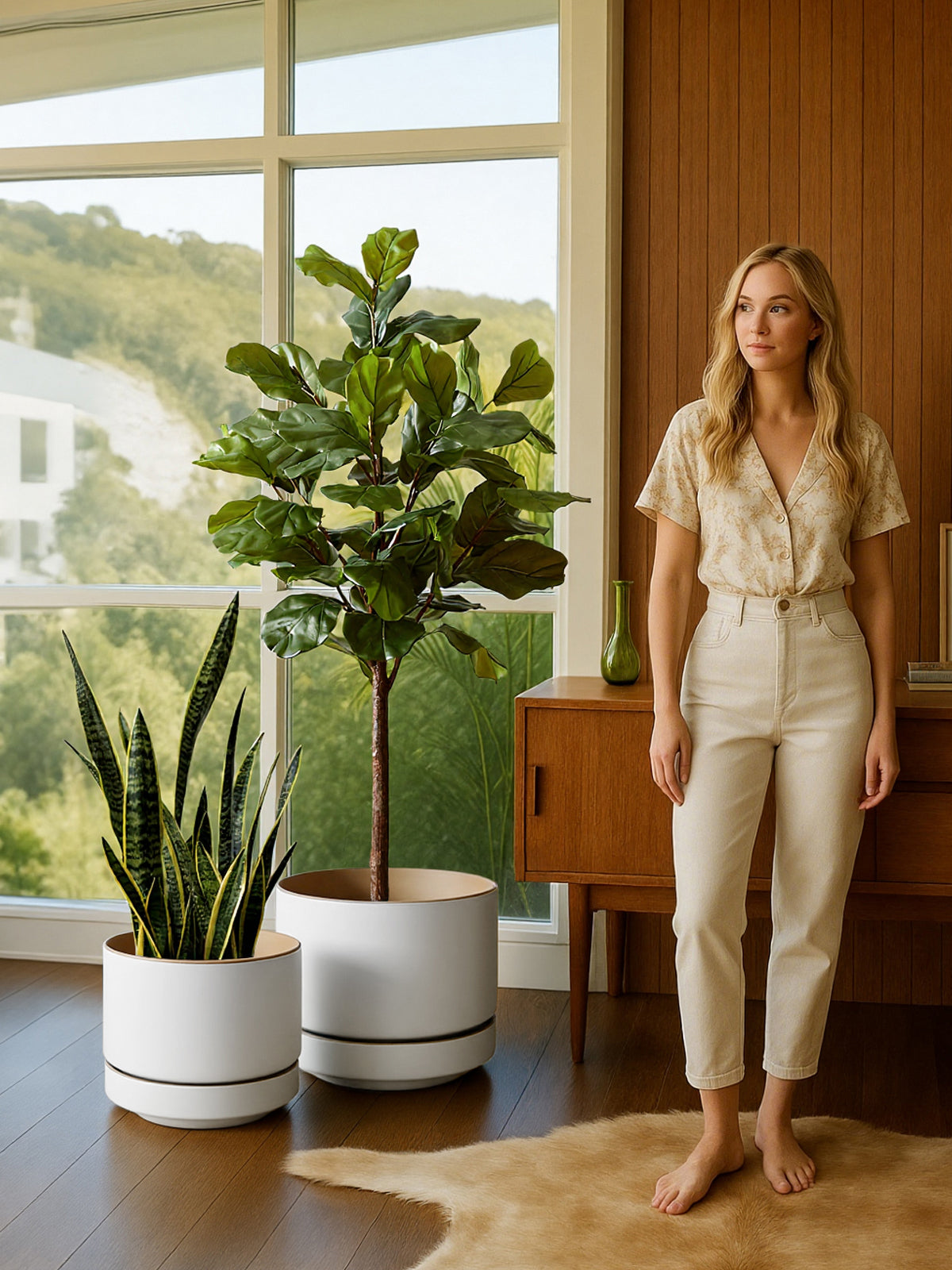 BEMAY 12" Ceramic Plant Pot with Drainage Hole & Saucer, Large Indoor Planter, Two-Tone Modern Flower Pot for Living Room & Entryway,Alpine White & Ochre Pot for Plant