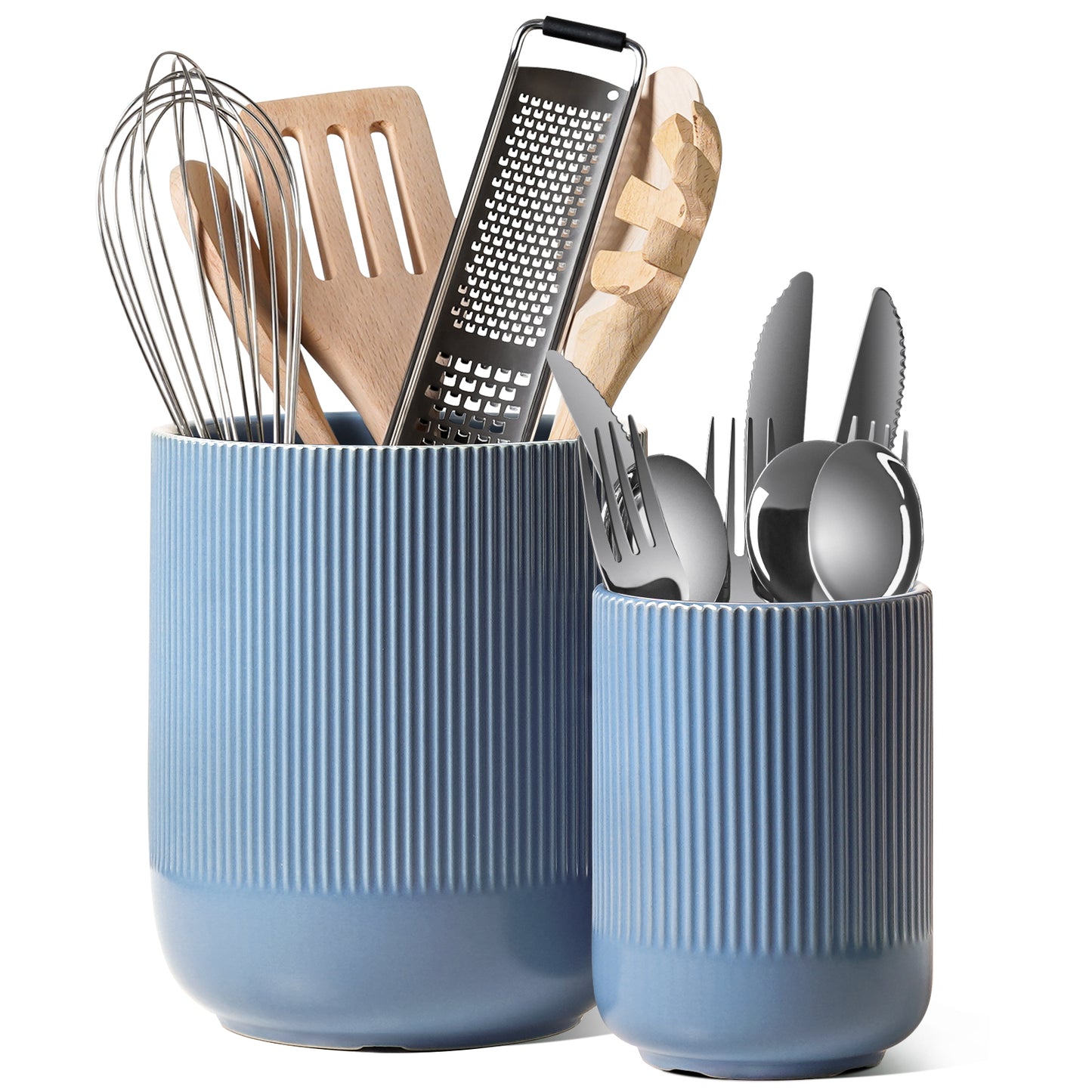 Utensil Holder Set of 2, 7.3"+5.4" Ceramic Crocks for Kitchen Storage, Dusty Blue Kitchen Utensil Holders