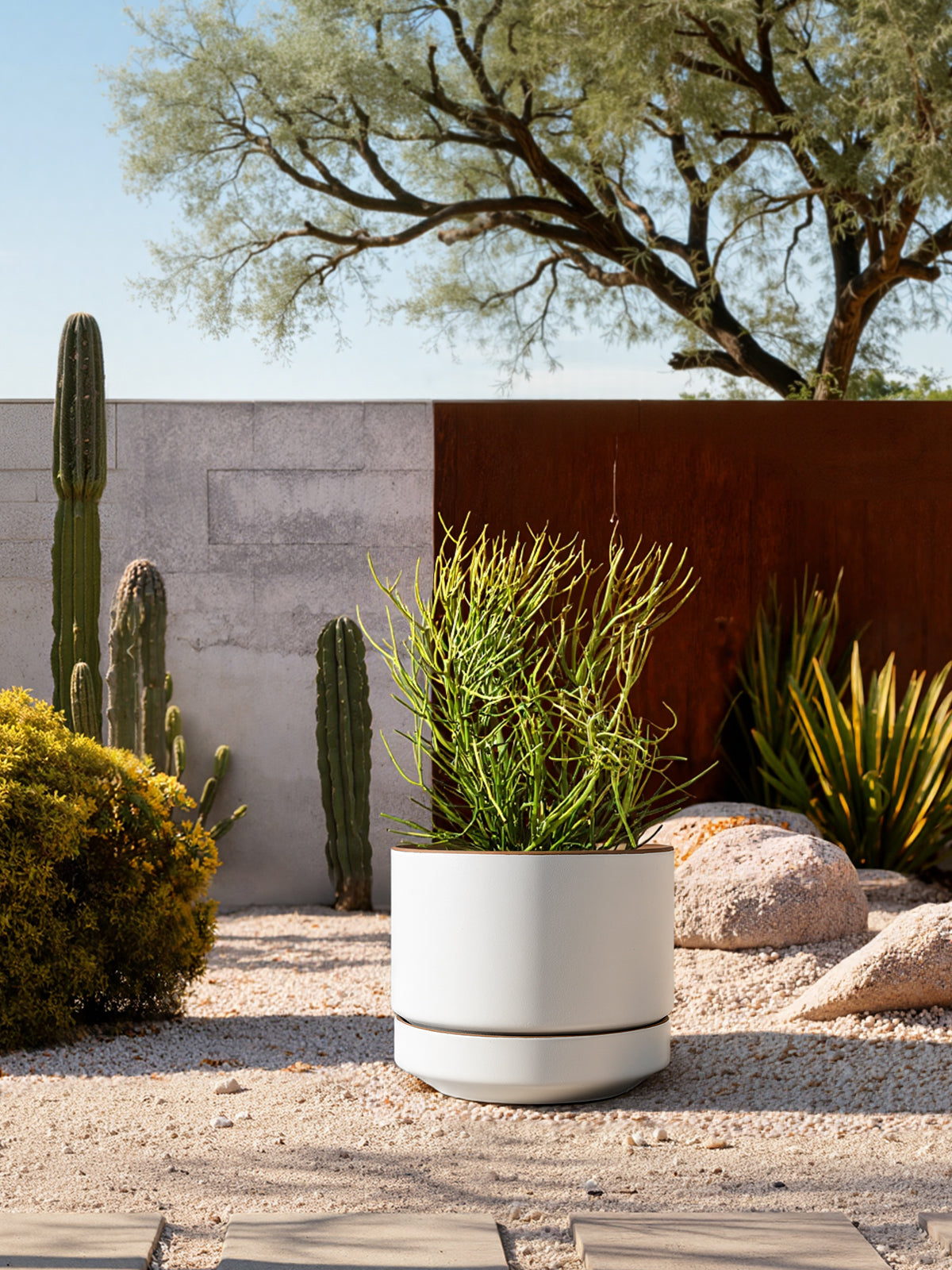 BEMAY 12" Ceramic Plant Pot with Drainage Hole & Saucer, Large Indoor Planter, Two-Tone Modern Flower Pot for Living Room & Entryway,Alpine White & Ochre Pot for Plant
