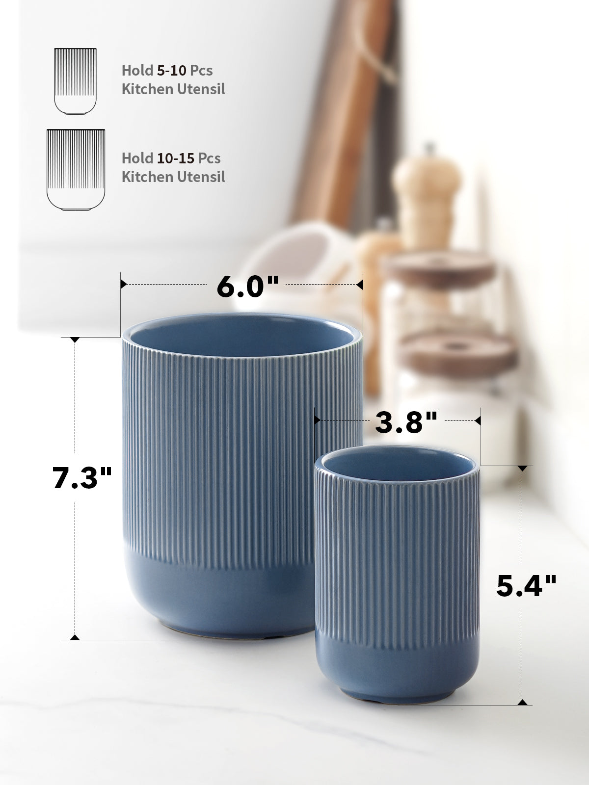 Utensil Holder Set of 2, 7.3"+5.4" Ceramic Crocks for Kitchen Storage, Dusty Blue Kitchen Utensil Holders