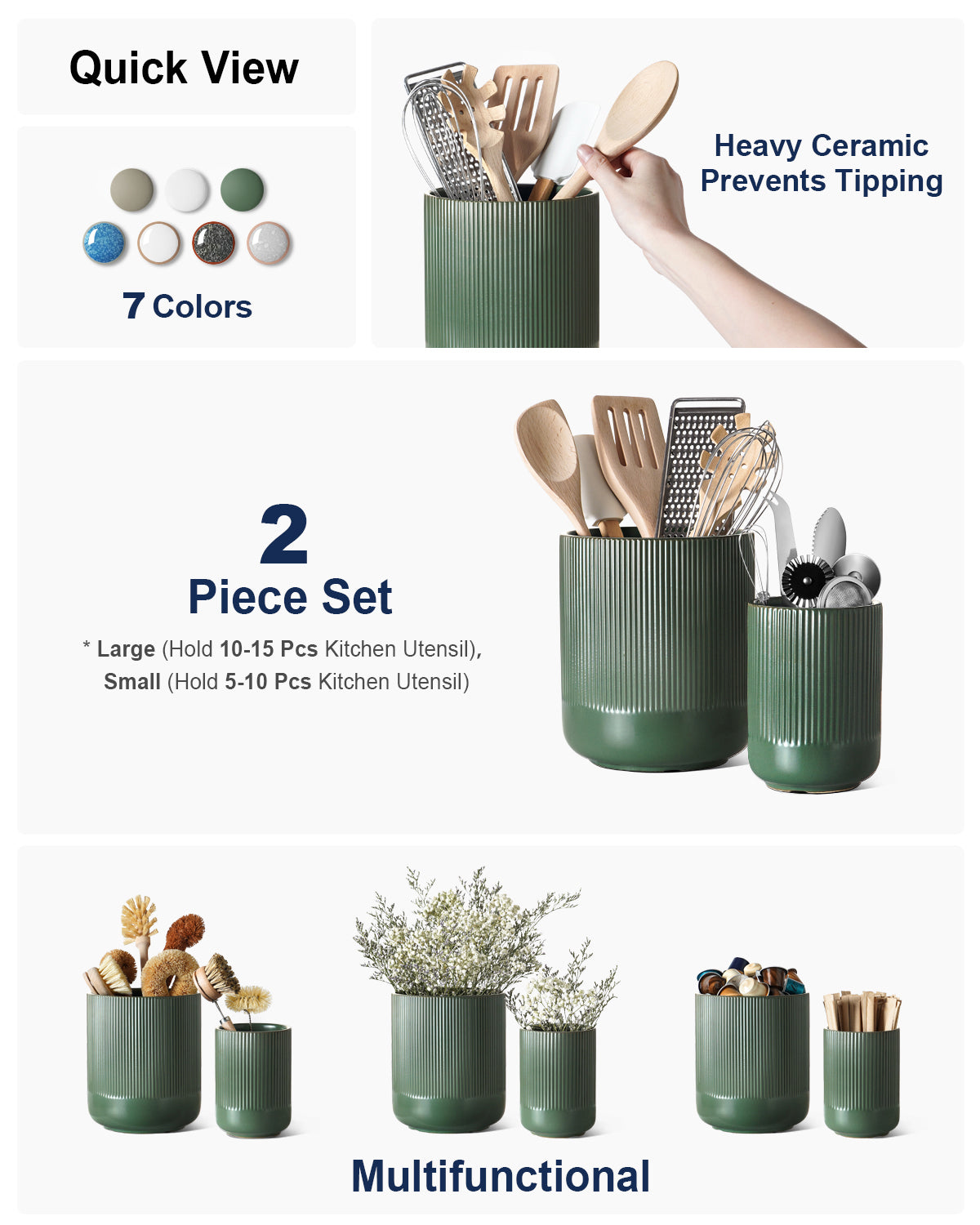 2-Pack Kitchen Utensil Holders, 7.3"+5.4" Ceramic Crocks for Kitchen, Cooking Organizer & Plant Pots, Forest Green Utensil Holder
