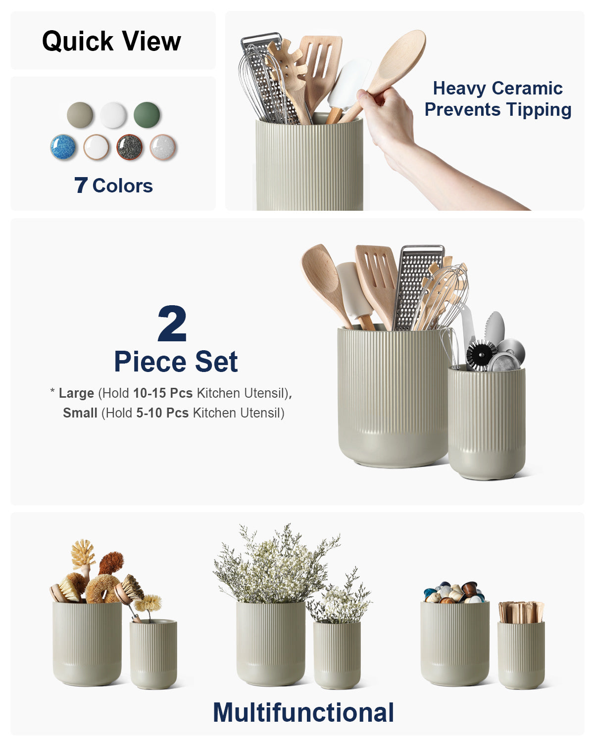 2-Pack Utensil Holders, 7.3"+5.4" Ceramic Crocks for Kitchen, Cooking Organizer & Plant Pots, Oatmeal Gray Kitchen Organizer