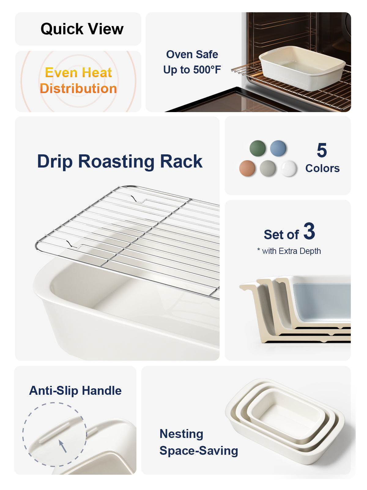 Ceramic Baking Dish Set for Oven, 3-Piece Deep Casserole and Lasagna Pan Set with Handles & Roasting Racks